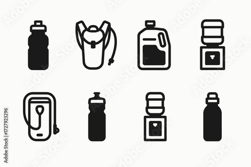 Hydration Equipment Icons. Solid, filled icon set of hydration equipment: water bottle, hydration pack, water jug, water dispenser, hydration bladder, sports