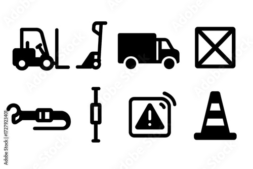 Transport Safety Icons. Solid, filled icon set of careful transport: forklift, hand pallet, padded van, secured cargo, tie-down strap, load lock, shock sensor,