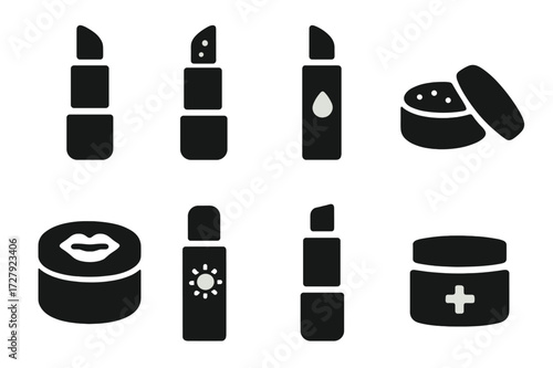 Lip Care Icon Set. Solid, filled icon set of lipstick care: lip balm, exfoliator, moisturizer, lip scrub, lip mask, sunscreen, lip primer, lip treatment.