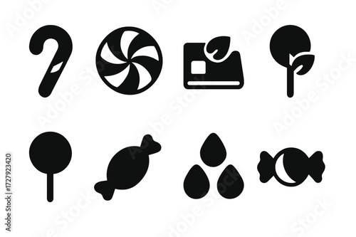 Mint Candy Icons. Solid, filled icon set of mint candy and sweets: candy cane, peppermint swirl, hard candy, chocolate with mint, mint lollipop, gum ball,