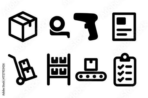 Parcel Handling Icons. Solid, filled icon set of parcel handling: package box, tape dispenser, barcode scanner, shipping label, hand truck, storage shelf,
