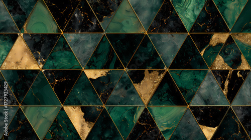 Geometric triangle pattern background with green and gold marble texture