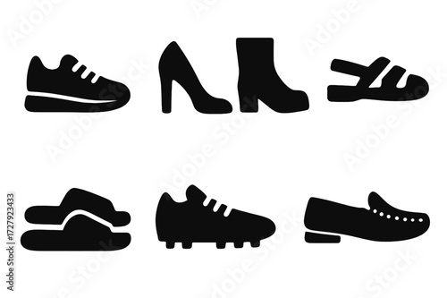 Footwear Icon Grid. Solid, filled icon set of footwear: sneakers, high heels, boots, sandals, loafers, slippers, cleats, moccasins. Solid, filled icons in only