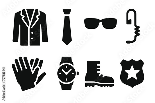 Bodyguard Icon Set. Solid, filled icon set of bodyguard attire: suit, tie, sunglasses, earpiece, gloves, watch, boots, badge. Solid, filled icons in only black
