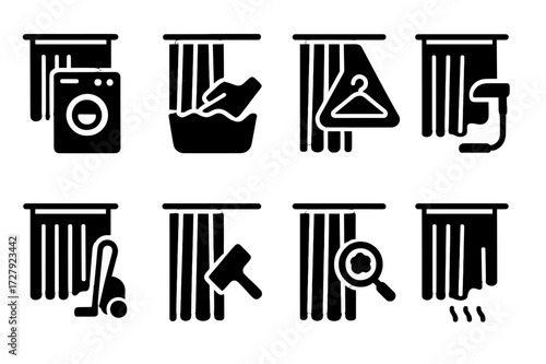 Curtain Cleaning Icons. Solid, filled icon set of curtain cleaning methods: washing machine, hand wash, dry cleaning, steam cleaning, vacuum, brushing, spot