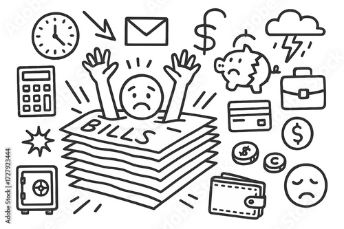 Overwhelming Debt Chaos. Hand-drawn doodle illustration Person drowning in bills paper stack, envelope, dollar sign, credit card, wallet, coins, calculator,