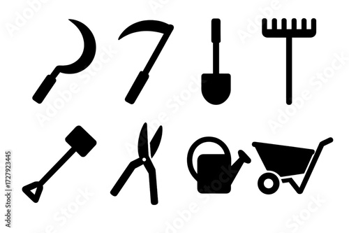 Farmer Tools Icons. Solid, filled icon set of farmer tools: sickle, scythe, shovel, rake, hoe, pruning shears, watering can, wheelbarrow. [Line icons in only