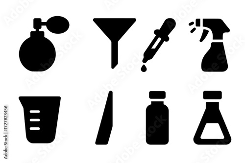Perfume Tools Icons. Solid, filled icon set of perfume related tools: atomizer pump, funnel, dropper, spray nozzle, measuring cup, scent strip, vial, mixing