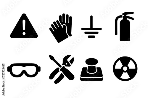 Induction Safety Icons. Solid, filled icon set of induction safety: warning sign, protective gloves, grounding wire, fire extinguisher, safety goggles,