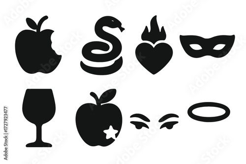 Temptation Icons Grid. Solid, filled icon set of temptation symbols: bitten apple, serpent coil, heart with flame, mask of desire, wine glass, forbidden fruit,