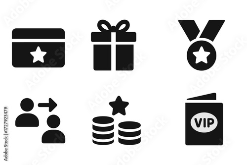 Customer Loyalty Icons. Solid, filled icon set of customer loyalty: rewards card, gift box, medal, discount tag, referral, points accumulation, VIP badge,