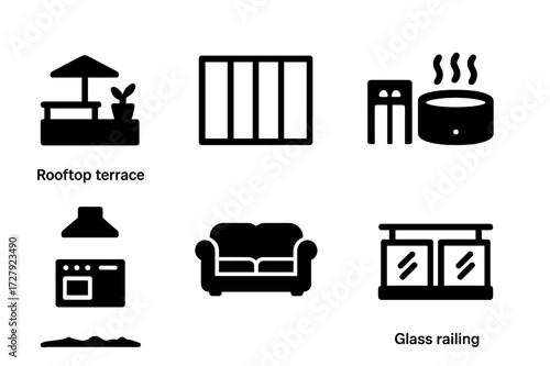 Penthouse Feature Icons. Solid, filled icon set of penthouse features: rooftop terrace, floor-to-ceiling windows, private elevator, jacuzzi, panoramic view,