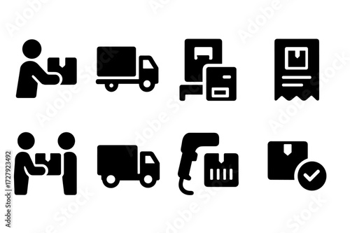 Delivery Icons Set. Solid, filled icon set of delivery processes: parcel pickup, loading dock, shipping label, delivery receipt, courier handoff, truck