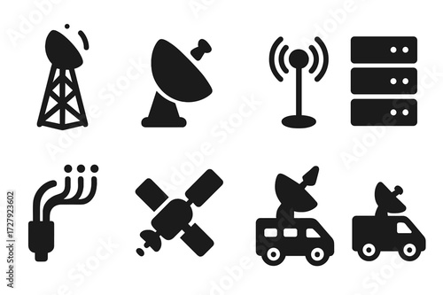TV Network Infrastructure Icons. Solid, filled icon set of TV network infrastructure: broadcast tower, satellite dish, control room, transmission antenna,