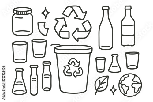 Glass Recycling Icons. Hand-drawn doodle illustration glass recycling glass jar, wine bottle, soda bottle, broken glass, recycling arrows, bin, cup, drinking