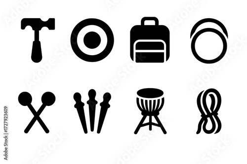 Tabla Accessories Icons. Solid, filled icon set of tabla accessories: tuning hammer, practice pad, carrying case, drum rings, drum mallets, tuning pegs, drum