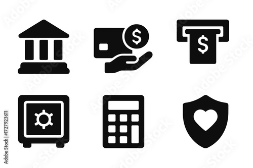 Financial Services Icons. Solid, filled icon set of financial services: bank, credit card, loan, ATM, safe, calculator, investment, insurance. [Line icons in