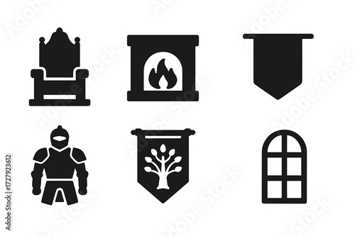 Castle Interior Icons. Solid, filled icon set of castle interior: throne, fireplace, chandelier, banner, suit of armor, tapestry, table, window. Solid, filled