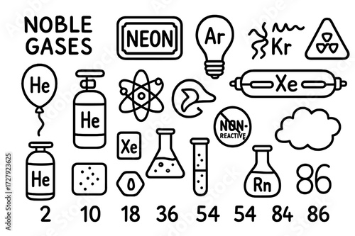 Noble Gases Doodle. Hand-drawn doodle illustration [noble gases] helium balloon, neon sign, argon light bulb, krypton glow, xenon tube, radon hazard sign, gas