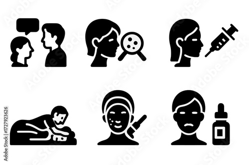 Anti-Aging Clinic Icons. Solid, filled icon set of anti-aging clinic services: consultation, skin analysis, injection, laser treatment, massage therapy,