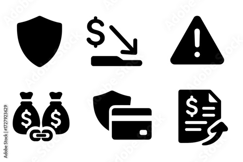 Overdraft Protection Icons. Solid, filled icon set of overdraft protection: shield icon, money decline, warning triangle, linked savings, covered transaction,