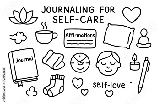 Self-Care Doodle Icons. Hand-drawn doodle illustration [journaling for self-care] [lotus flower, tea cup, soft pillow, heart, peaceful face, affirmations,