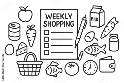 Weekly Shopping Sketch. Hand-drawn doodle illustration Weekly shopping checklist [notepad, pen, apple, milk carton, loaf of bread, fish, carrot, tomato, jar,