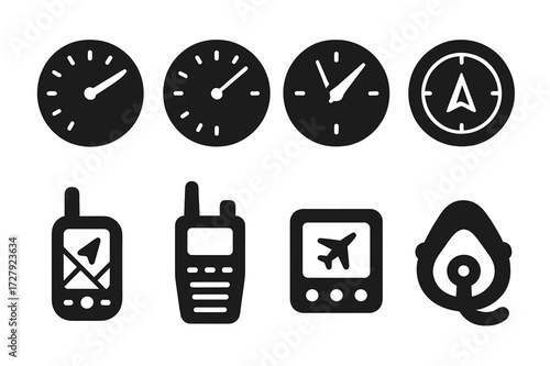 Flight Instrument Icons. Solid, filled icon set of glider flight instruments: variometer, altimeter, airspeed indicator, compass, GPS device, radio, flight