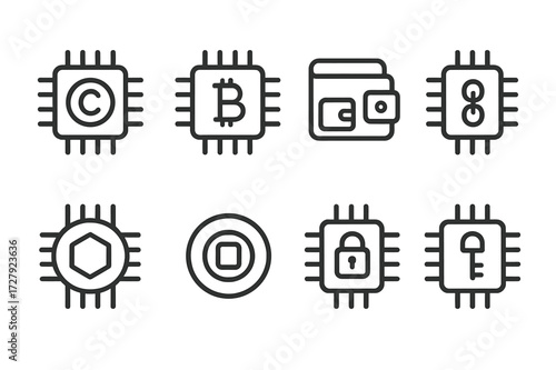 Digital Chip Icons. Outline icon set of digital chips: cryptocurrency chip, bitcoin chip, blockchain chip, digital wallet chip, token chip, virtual chip,
