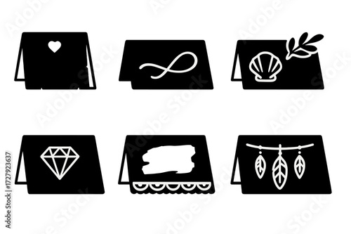 Wedding Card Icons. Solid, filled icon set of wedding place card themes: rustic kraft card, elegant script card, beach-themed card, botanical card, modern