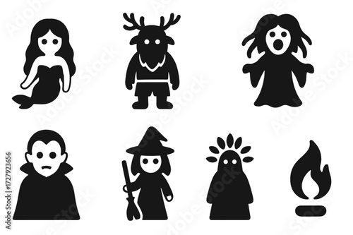 Mythical Creatures Icons. Solid, filled icon set of kikimora related mythological creatures: rusalka, leshii, domovoi, banshee, vampire, witch, forest spirit,