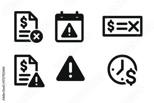 Missed Payment Icons. Solid, filled icon set of missed payment: overdue bill, calendar with exclamation, crossed-out check, late notice, warning triangle,