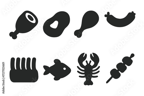 Feast Meats Icons. Solid, filled icon set of feast meats: ham, steak, chicken drumstick, sausage, ribs, fish, lobster, meat skewer. Solid, filled icons in only