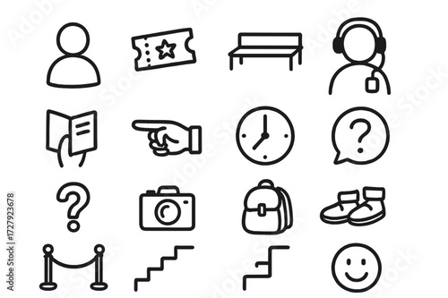 Museum Visit Doodles. Hand-drawn doodle illustration gallery visitors visitor silhouette, ticket, bench, audio guide, brochure, pointing hand, clock, speech
