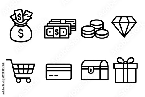 Symbols of Wealth. Outline icon set of excess and desire: overflowing money bag, stacks of cash, gold coins, diamond, shopping cart, credit card, treasure