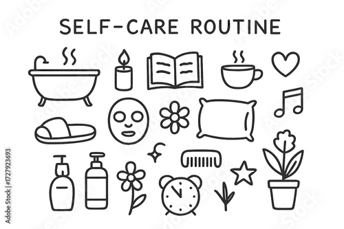 Self-Care Doodle Icons. Hand-drawn doodle illustration self-care routine bathtub, candle, book, teacup, heart, face mask, pillow, music note, slipper, lotion