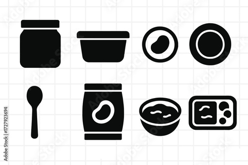 Bean Dip Icons. Solid, filled icon set of bean dip packaging: jar, container, label, lid, spoon, sealed bag, bowl, serving tray. [Line icons in only black