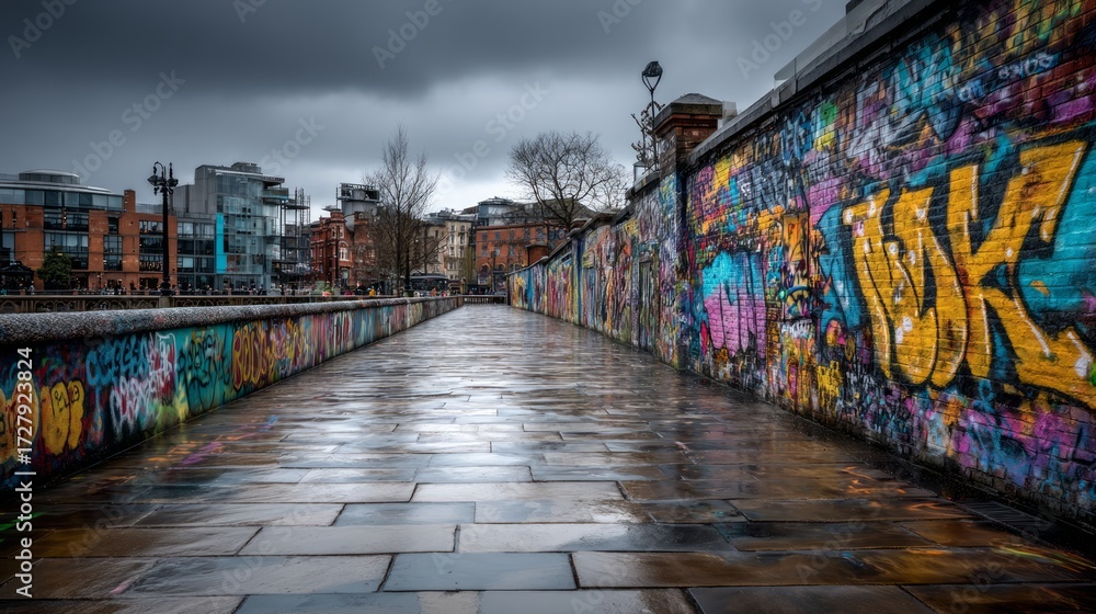 Fototapeta premium Colorful Urban Graffiti on Wet Pavement in Modern Cityscape Under Cloudy Sky