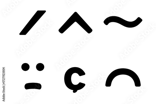 Accent Mark Icons. Solid, filled icon set of accent marks: acute, grave, circumflex, tilde, umlaut, cedilla, breve, caron. Solid, filled icons in only black