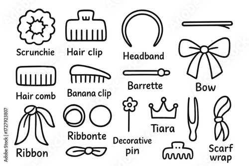 Hair Accessories Doodle. Hand-drawn doodle illustration Hair accessories [scrunchie, hair clip, headband, bobby pin, hair comb, banana clip, barrette, bow,