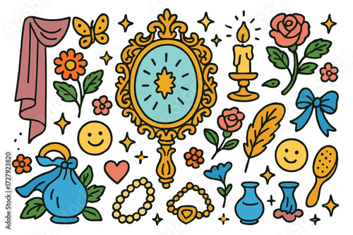 Antique Children's Doodle. Antique elegance. Colorful Hand-drawn doodle Children illustration Vintage mirror, ornate frame, flowers, candle, ribbon, jewelry,