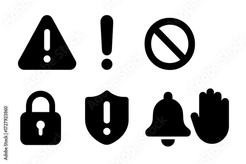 Confidential Warning Icons. Solid, filled icon set of confidential warning signs: warning triangle, exclamation mark, no entry sign, eye with line, closed