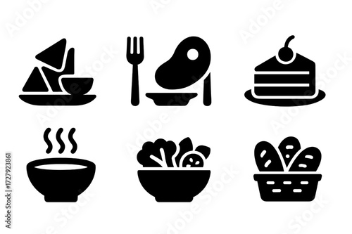 Dinner Course Icons. Solid, filled icon set of dinner courses: appetizer, main course, side dish, dessert, soup, salad, bread basket, cheese platter. [Line
