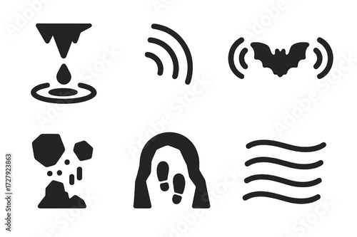 Cave Sounds Icon Set. Solid, filled icon set of cave sounds: dripping water, echo, bat screech, wind howl, rock fall, footsteps, cave silence, distant rumble.