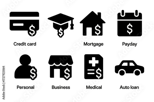 Debt Icons Grid. Solid, filled icon set of debt types: credit card debt, student loan, mortgage, payday loan, personal loan, business loan, medical debt, auto