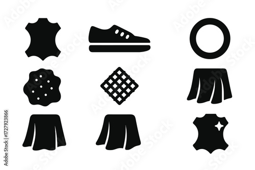 Shoe Material Icons. Solid, filled icon set of shoe materials: leather, canvas, rubber, suede, mesh, synthetic, velvet, patent leather. Solid, filled icons in