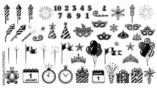 Celebrate new beginnings with festive New Year's Eve party essentials, fireworks, masks, crowns, and gifts creating vibrant holiday joy.