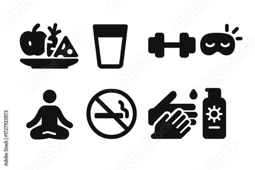 Anti-Aging Habits Icons. Solid, filled icon set of anti-aging lifestyle habits: balanced diet, water glass, exercise dumbbell, sleep mask, meditation pose, no