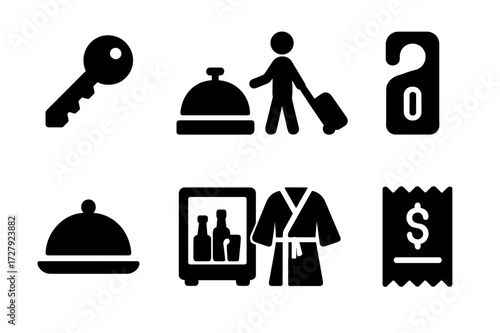 Hotel Service Icons. Solid, filled icon set of hotel guest services: room key, concierge bell, luggage delivery, do not disturb sign, room service tray, mini