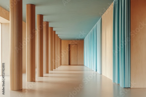 A serene hallway with light wooden pillars and pale teal curtains, creating a tranquil and minimalist architectural space.